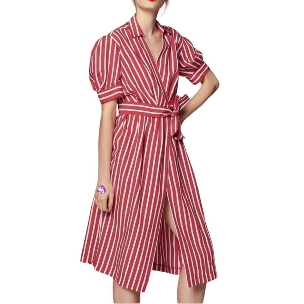 Sandro Paris Loreta Red And White Stripe Short Sleeve Wrap Midi Dress